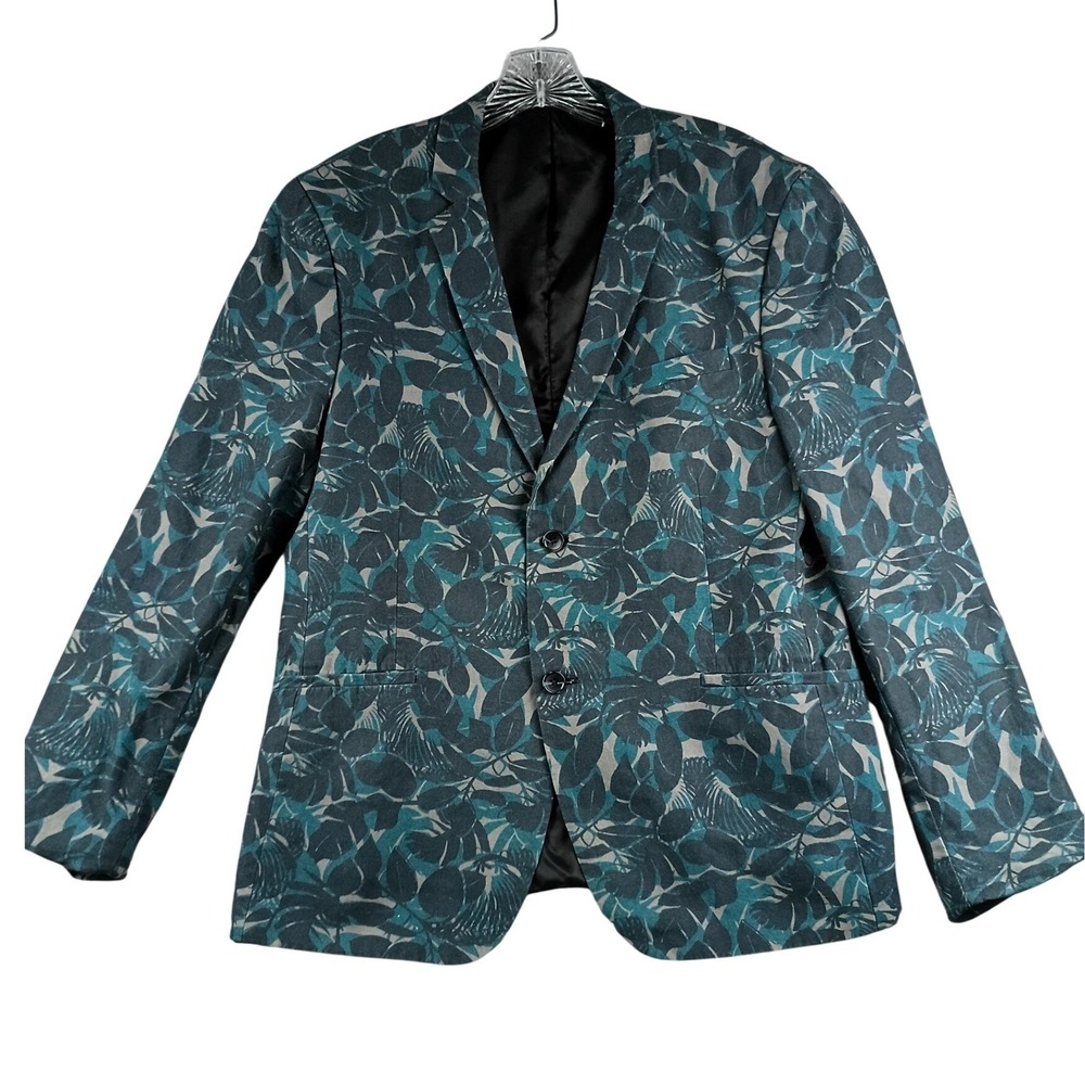 Topman Botanical Blazer Mens 44R Teal Blue Linen Blend Tropical Sport Coat Party